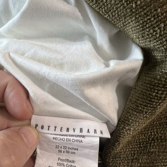 Pottery Barn Olive Sage Green upholstered 22" Square Throw Pillow Embroidered - Picture 7 of 7
